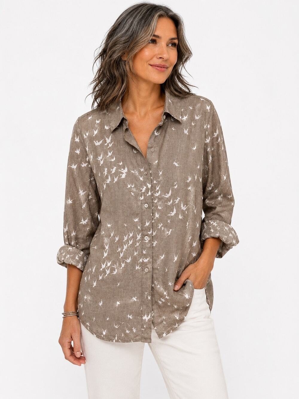 J Jill Linen Bird Print Button Front Shirt Taupe White Long Sleeve Blouse 2X